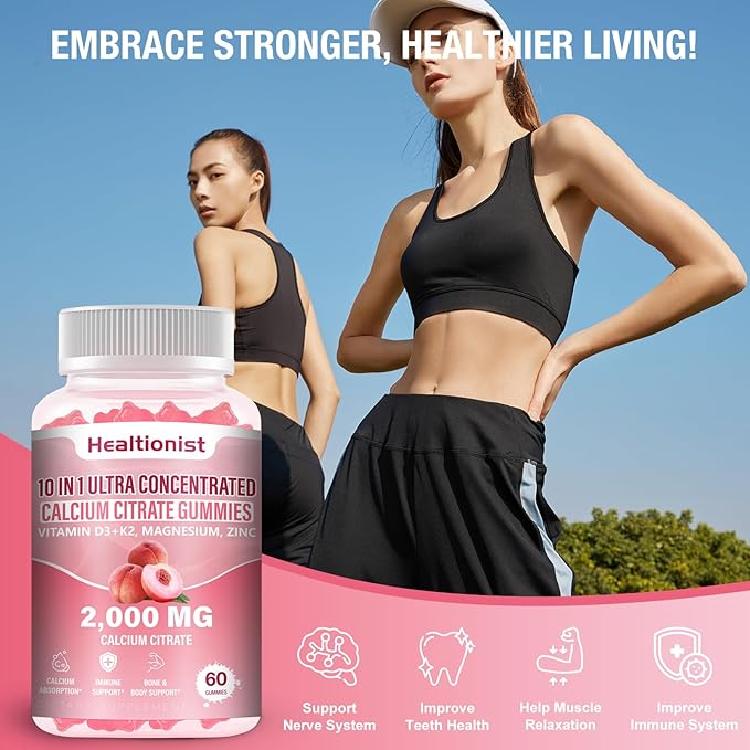 2 Packs 2000mg Calcium Citrate with Vitamin D3 K2 Supplements Gummies for Women &amp Men Magnesium Zinc High Absorption Bone Muscle &amp Immune Support 120 Counts Peach Flavor Gummies