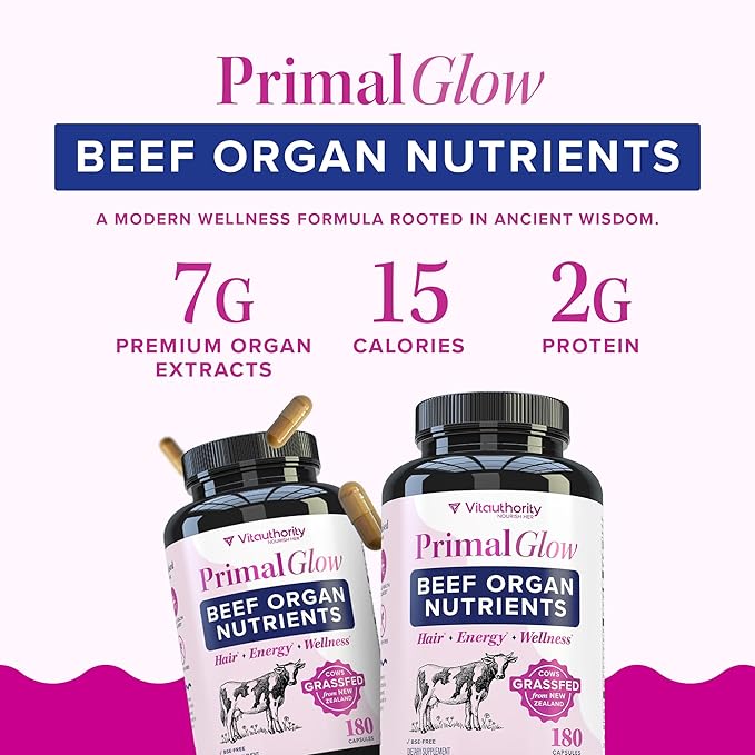 Beef Organ Supplement for Women | Grass-Fed Pasture-Raised New Zealand Bovine | 7 Organ Extracts with Liver Heart Kidney Bone Marrow &amp More Energy Digestion &amp Skin Support Primal Glow 30