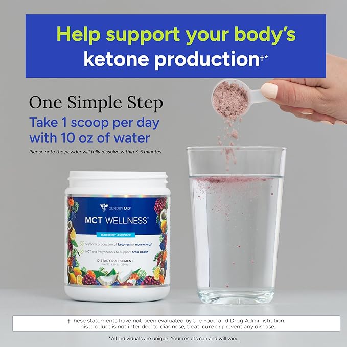 Gundry MD MCT Wellness Powder to Support Energy Ketone Production and Brain Health Keto Friendly Sugar Free (30 Day Supply Blueberry Lemonade)