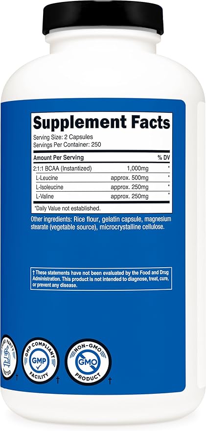 Nutricost BCAA 1000mg 500 Capsules (250 Serv) 2:1:1 Branched Chain Amino Acids (500mg of L-Leucine 250mg of L-Isoleucine and L-Valine)