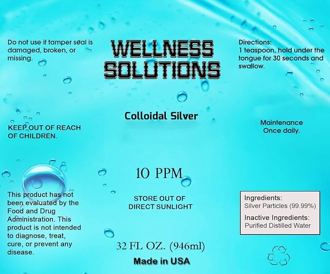 Colloidal Silver - Wellness Solutions - Vegan - Gluten Free 32 fl. oz