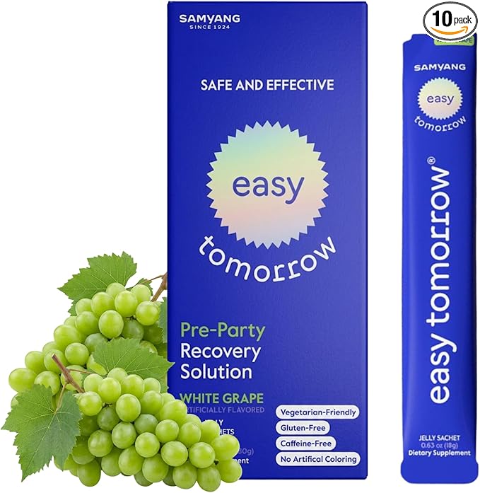 EASY TOMORROW - Natural Energy &amp Morning Vitality Jelly Stick - Daily Korean Skin Health Supplement &amp After Drinking Support with DHM &amp Glutathione - K-Beauty Inspired (White Grape Flavor