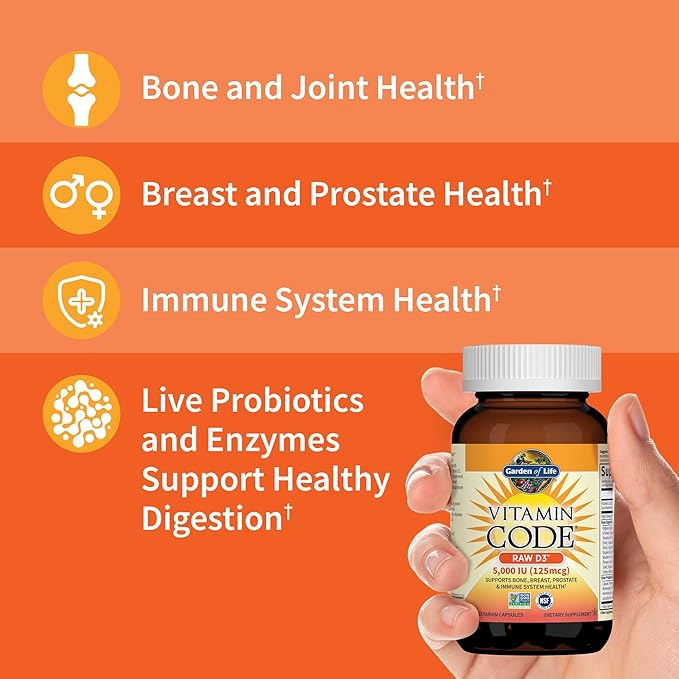 Garden of Life Vitamin D Vitamin Code Raw D3 Vitamin D 2000 IU Raw Whole Food D3 Supplements with Chlorella Fruit Veggies &amp Probiotics for Bone &amp Immune Health 120 Vegetarian Capsules