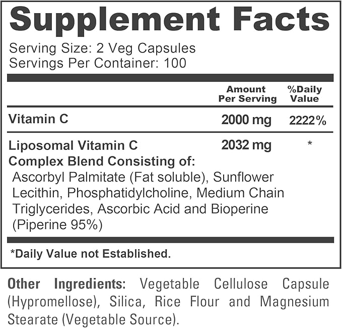 NusaPure Liposomal Vitamin C 2032mg - 200 Veggie Vegan Capsules BioPerine - High Absorption Ascorbic Acid