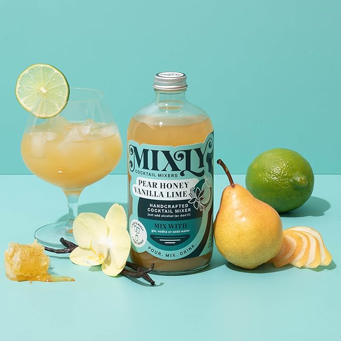 Mixly Pear Honey Vanilla Lime Mixer Made with Fresh Squeezed Juice Ready to Drink Use with Vodka Gin Soda Water 16 oz.