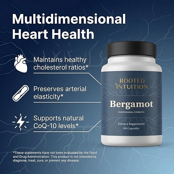Rooted Citrus Bergamot Supplement - Extract Capsules for Cholesterol TC Cardiovascular LDL HDL TRI &amp Heart Health Support - Polyphenol Citrus Bergamonte for Circulation &amp CoQ10 Energy - 1000m