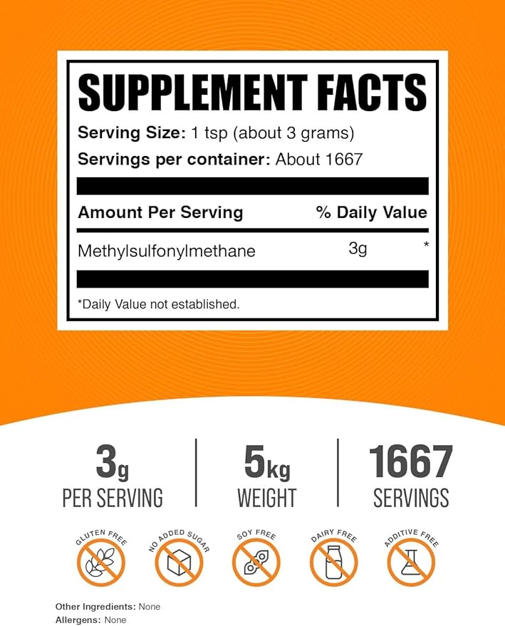BulkSupplements.com MSM Powder - Methylsulfonylmethane MSM Supplement - MSM Pure Powder MSM 3000mg - for Joint Health Gluten Free 3000mg per Serving 5kg (11 lbs) (Pack of 5)