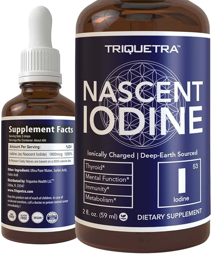 Nascent Iodine Supplement 400 Servings Glass Bottle Vegan 1800 mcg - 600 mcg per Drop - Pure Clear Color - Supports Thyroid Health Energy Immunity &amp Metabolism (2 oz.)