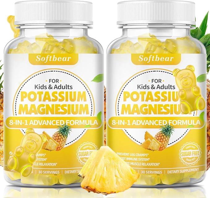 softbear Potassium Gummies for Adults Sugar-Free Potassium Magnesium Supplement with Vitamin B6 CoQ10 for Muscle Cramps Vegan Pineapple Flavor 120 Gummies