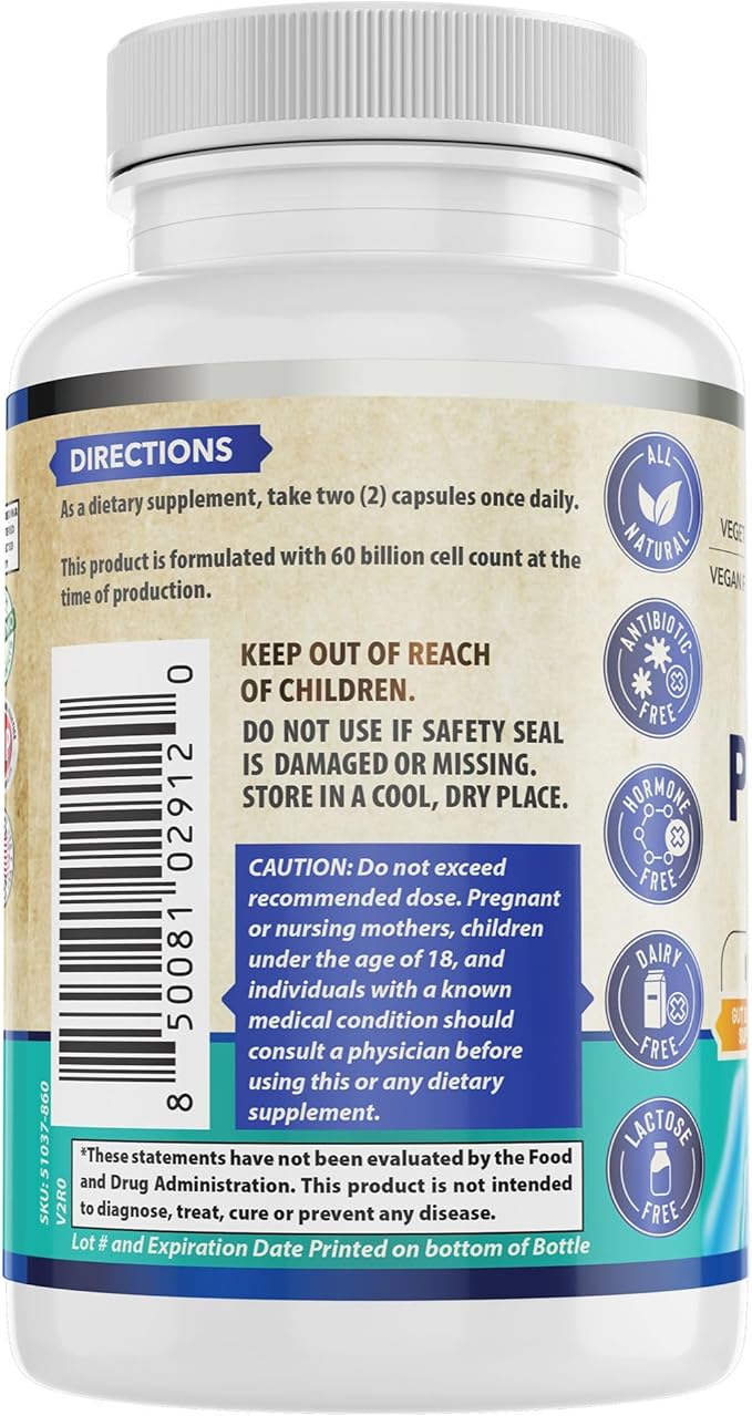Probiotic 60 Billion CFU/g | Immune Digestive &amp Gut Health Support | Supports Constipation Gas &amp Bloating | All Natural Dairy Free Soy Free | 60 Capsules | Made in The USA.