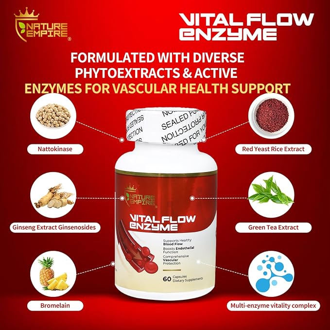 Nattokinase Vascular Health Support 12 in1 Multi Enzyme Complex Supplement for Adults with BromelainQuercetinGinsenosidesOmega-3for Blood Flow &amp Endothelial Function 60 Vegan Capsules