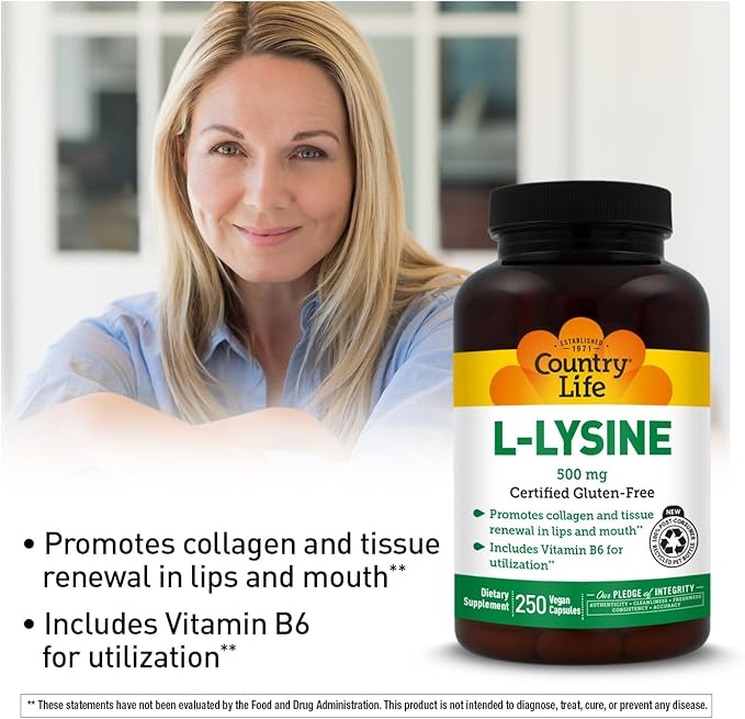 Country Life L-Lysine 500mg with B-6 Supports Immune Health Promotes Collagen Renewal in Lips and Mouth 250 Vegan Capsules Certified Gluten Free Certified Vegan