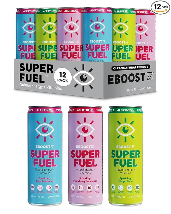 EBOOST Super Fuel Healthy Energy Drink Variety 12 Pack (Old Flavors) - Low Sugar Energy Drink with Natural Caffeine Vitamins Electrolytes &amp Nootropics - Clean Energy Boost No Crash