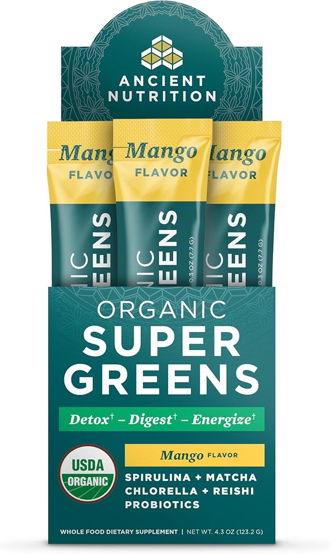 Ancient Nutrition SuperGreens Powder with Probiotics Organic Mango Flavor Greens Made from Real Fruits Vegetables and Herbs Digestive and Energy Support 16 Stick Packs 4.3oz