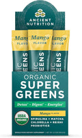 Ancient Nutrition SuperGreens Powder with Probiotics Organic Mango Flavor Greens Made from Real Fruits Vegetables and Herbs Digestive and Energy Support 16 Stick Packs 4.3oz