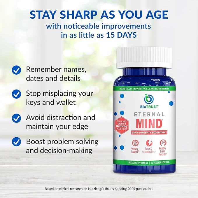 BioTrust Eternal Mind Brain Supplements for Memory &amp Focus - Sharpen Mental Agility Recall &amp Concentration with Age - Clinically Studied Supplement for Longevity &amp Cognition - 30 Servings