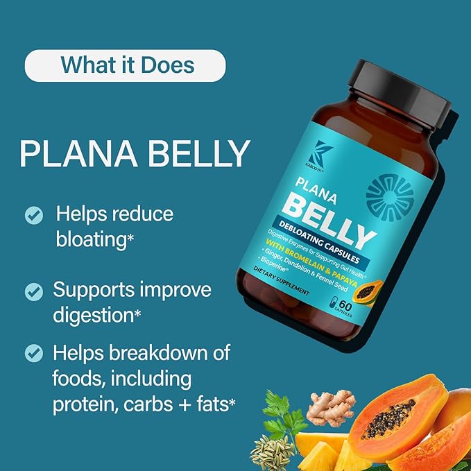 Plana Belly Debloating Supplement – Digestive Enzymes for Bloating &amp Gas Relief with Bromelain Ginger Fennel &amp Dandelion Root – Gut Health Support for Women &amp Men – 60 Capsules