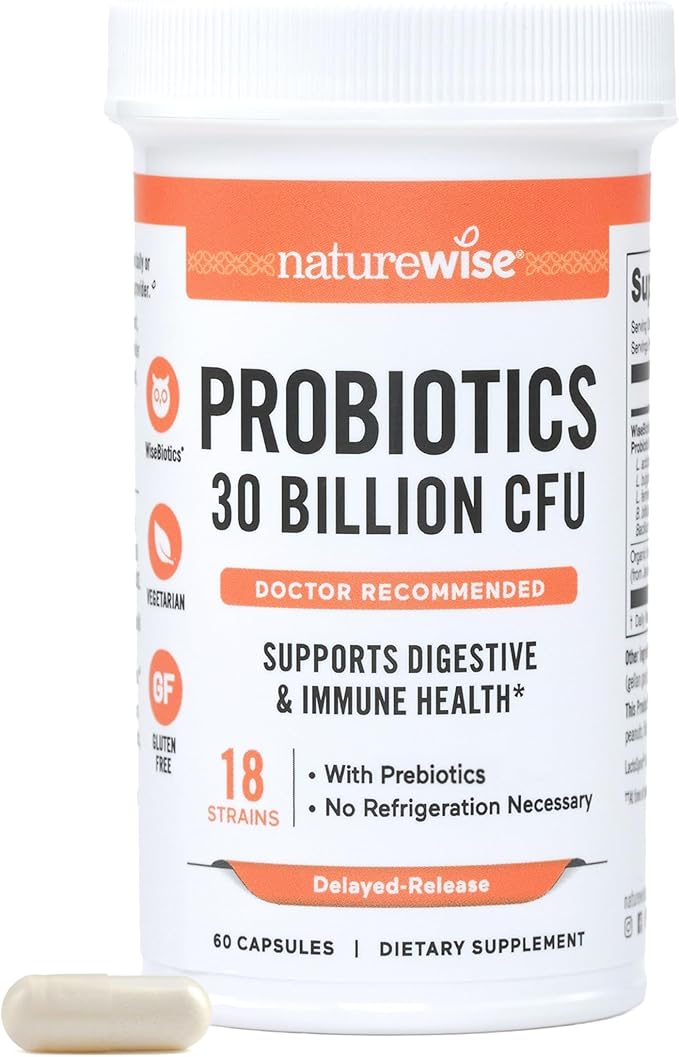 NatureWise Max Probiotics for Women &amp Men - 30 Billion CFU 18 Strains With Prebiotics - For Gut &amp Digestive Health - Delayed-Release Capsules Gluten Free - 60 Capsules[2-Month Supply]