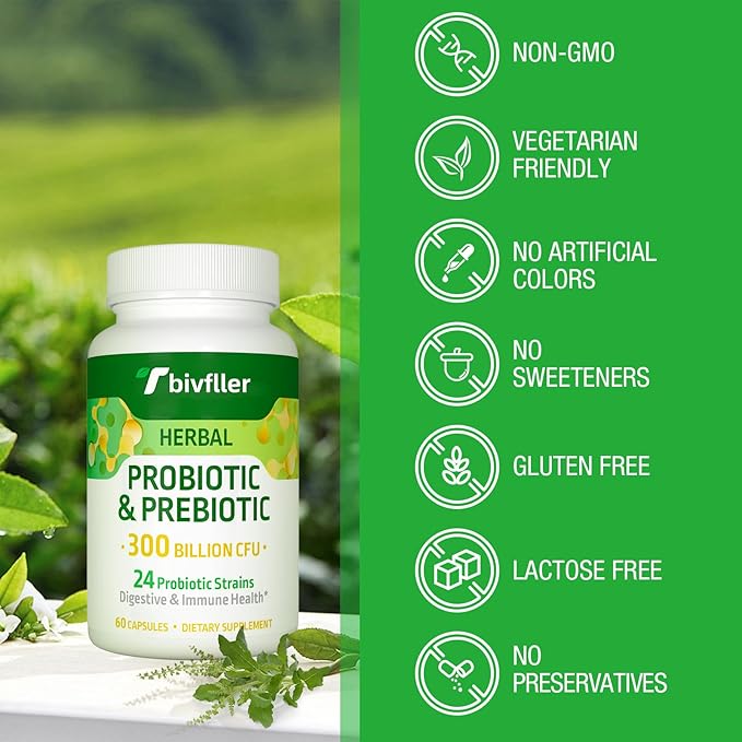 Probiotics for Women Men- 300 Billion CFU 24 Strains Probiotic+15 Organic Herbs Prebiotics Blend Pre and Probiotics for Digestive Health Immune &amp Gut Diarrhea Bloating Vegan 4 Month Supply