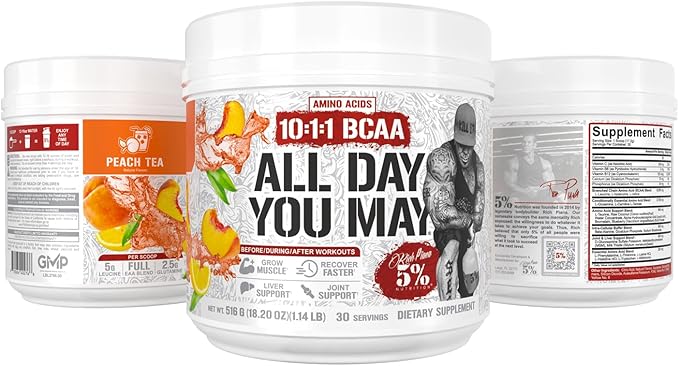 5% Nutrition Rich Piana AllDayYouMay BCAA Powder Premium Intra &amp Post Workout Amino Acids Hydration Endurance Muscle Recovery Joint &amp Liver | 18.2 oz 30 Srvgs (Peach Tea)