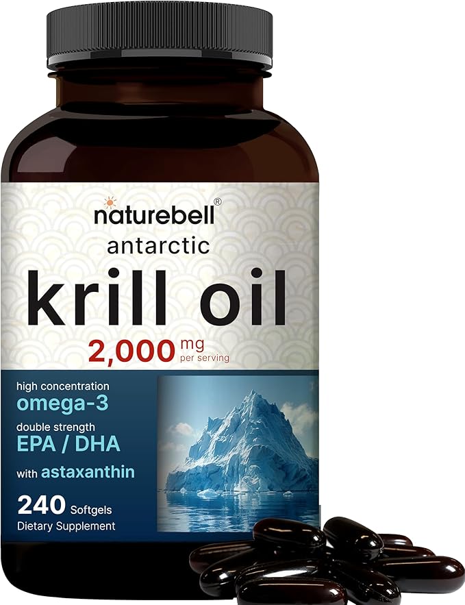 NatureBell Antarctic Krill Oil 2000mg Supplement 240 Softgels 3X Strength Natural Source of Omega-3s EPA 240mg + DHA 160mg + Astaxanthin 800mcg – No Fishy Aftertaste – Mercury Free &amp Non-GMO