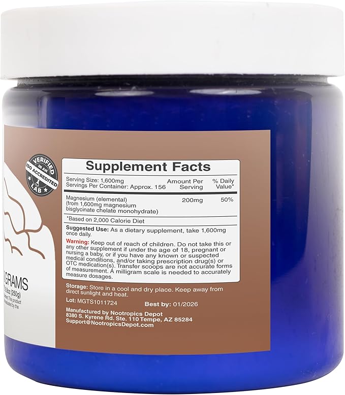 Nootropics Depot Magnesium Glycinate Powder | 250 Grams | Mineral Supplement | Magnesium Supplement | Supports Heart Muscle Nerve and Bone Health