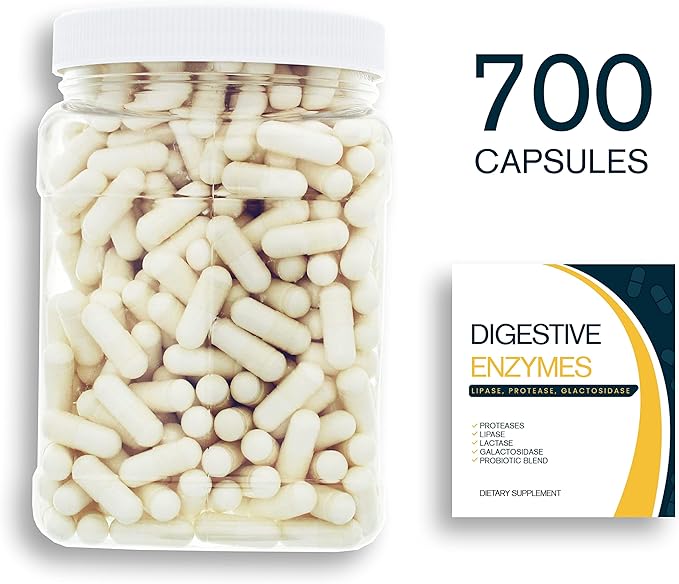 Digestion Aid - 700 Count Blend of Digestive Enzymes and Key Probiotic Strains in a Clear Square Grip Jar