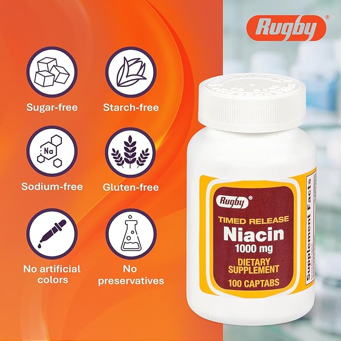 Rugby Timed-Release Niacin 1000mg Dietary Supplement for Adults for Energy Circulation and Metabolism Support 100 Captabs (Pack of 2)