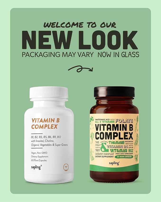 sapling Vegan Vitamin B Complex - Whole Food Blend with Essential B Vitamins B1 B2 B3 B5 B6 B7 Folate B12-60 Caps