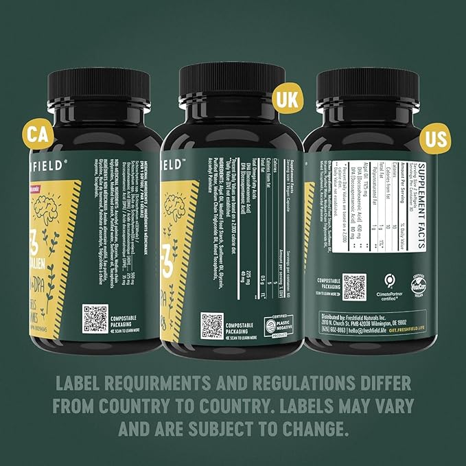 Freshfield Vegan Omega 3 Algae (Algal) Oil Fish Oil Free Company Third Party Tested Carrageenan Free DHA Supplement w/DPA Plant Based Omega. Supports Heart Brain Joint Health