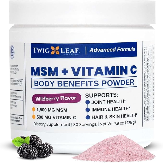 Twig &amp Leaf MSM + Vitamin C Powder – MSM Powder for Hair Growth Nails &amp Joint Support – MSM Powder Supplement - Non-GMO Gluten Free – 30 Servings - 7.9 oz