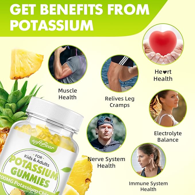 softbear Potassium Chloride Gummies 1200mg Sugar-Free Potassium Gummies for Adults Support Leg Cramps High Potency Potassium Chloride Supplement Pineapple Flavor 120 Count