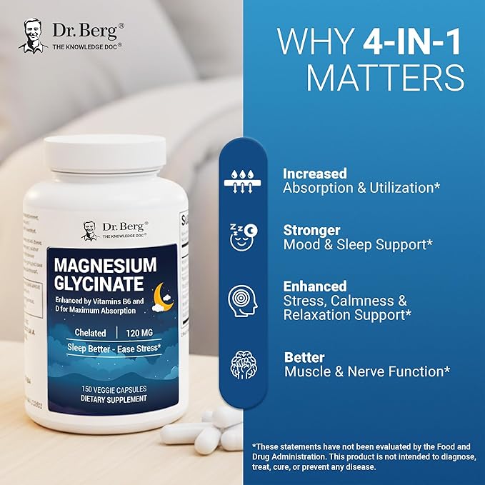 Dr. Berg Magnesium Glycinate 150ct – 4-in-1 Chelated for Muscle Nerve Sleep &amp Stress Support*– w/ D3 B6 &amp Zinc – 4X Lab-Tested – No Fillers – Formulated in USA GMP-Certified