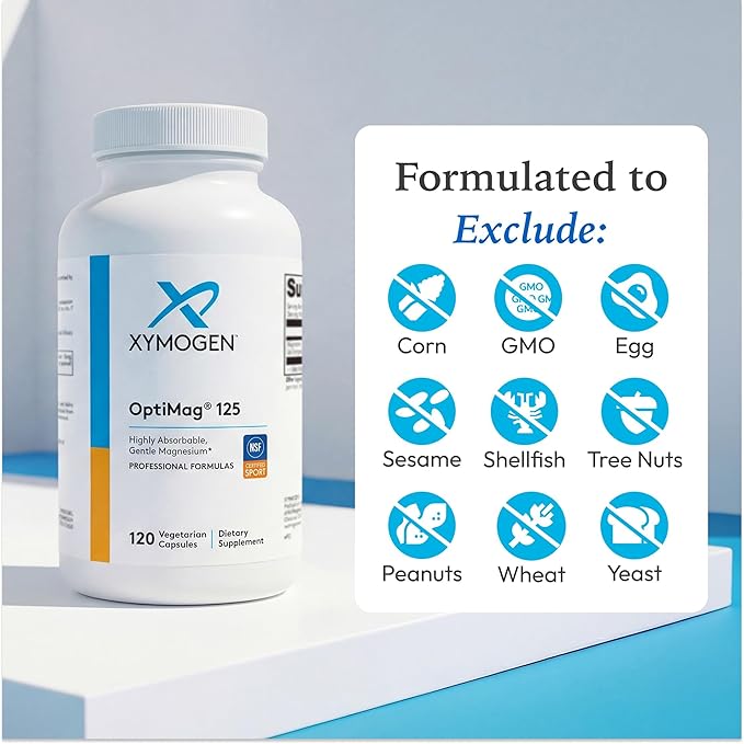 XYMOGEN OptiMag 125 - Magnesium Glycinate &amp Malate - Muscle &amp Nervous System Support - Gentle Daily Magnesium - 120 Capsules
