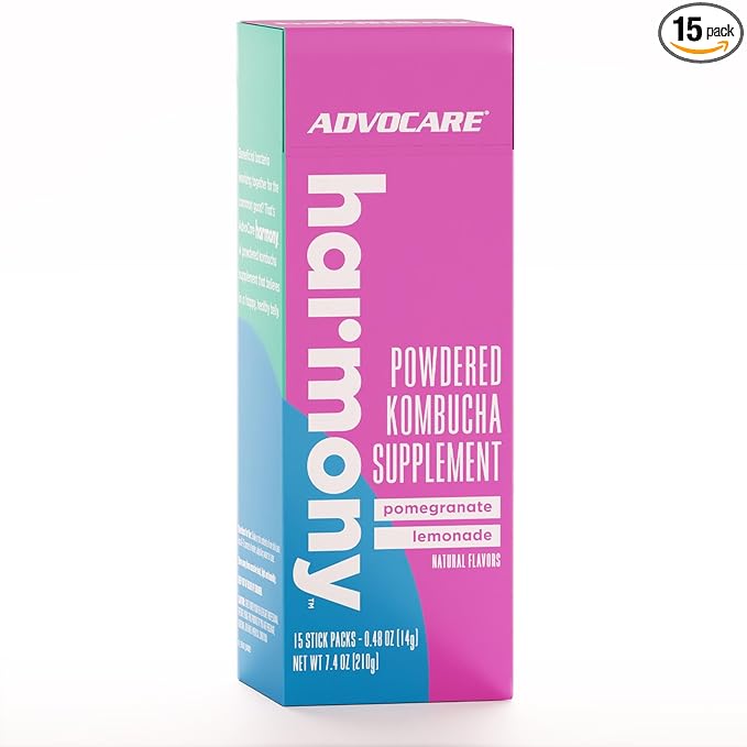 AdvoCare Harmony - Kombucha Drink Mix to Support Digestive &amp Gut Health* - Contains Prebiotics Probiotics &amp Postbiotics - Good Source of Fiber - 15 Stick Packs