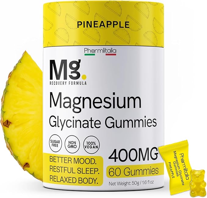 Magnesium Glycinate Gummies 400mg - Sleep Gummies for Kids &amp Adults - Magnesium Glycinate Chewable High Absorption for Muscle Recovery Better Sleep &amp Relaxation 60 Count Pineapple