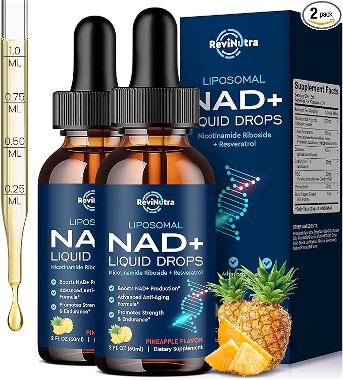 Liposomal NAD Supplement - 1200mg NAD+ Liquid Drops for Women &amp Men Nicotinamide Riboside with Resveratrol PQQ CoQ10 Quercetin for Anti-Aging Brain &amp Cellular Mitochondrial Pineapple 4 F