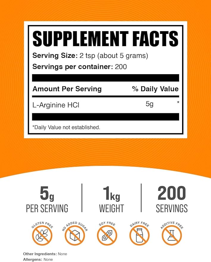 BulkSupplements.com L-Arginine HCl Powder - Nitric Oxide Supplement Arginine Powder - Unflavored &amp Gluten Free 5g per Serving 1kg (2.2 lbs) (Pack of 1)