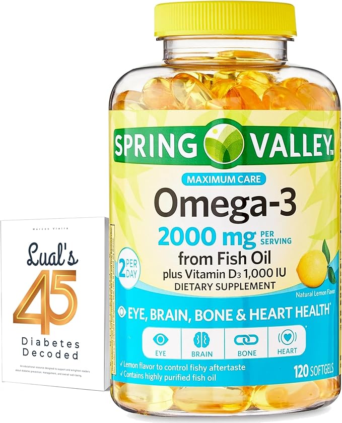 Spring Valley Omega-3 from Fish Oil 2000 mg for Eye Brain Bone &amp Heart Health Dietary Supplement Softgels 120 Count Bundle with Luall's 45 Diabetes Decoded