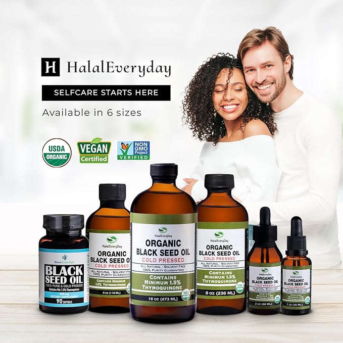 HalalEveryDay Organic Black Seed Oil - USDA Certified Cold Pressed Glass Bottle 16oz - Over 1.5% Thymoquinone Turkish Black Cumin Nigella Sativa Non-GMO 100% Pure Blackseed Oil