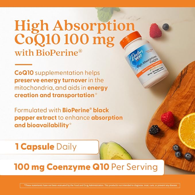 Doctor's Best High Absorption CoQ10 with BioPerine Supplement - Coenzyme Q10 Caps for Heart Health &amp Antioxidant Support CoQ10 100mg for Women &amp Men Non GMO Naturally Fermented - 120 Veg Ca