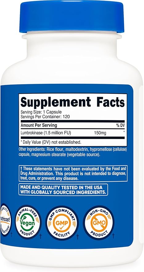 Nutricost Lumbrokinase Capsules 150 mg (120 Capsules) - Gluten-Free GMO-Free 3rd Party Tested