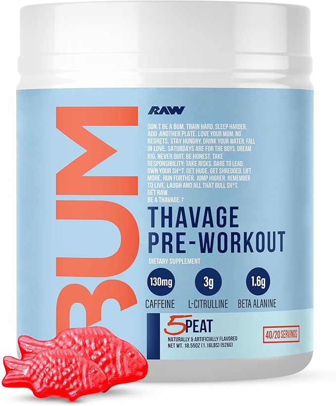 RAW Pre Workout Powder Thavage (5 Peat Red Gummy) - Chris Bumstead Sports Nutrition Supplement for Men &amp Women - Cbum Pre Workout for Working Out Hydration Mental Focus &amp Energy - 40 Servi