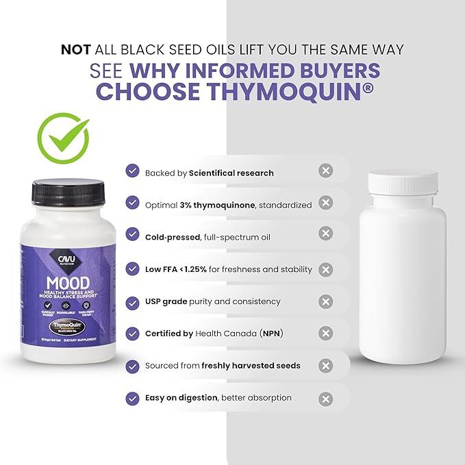 Mood Support Supplement with Full-Spectrum Cold Pressed Black Seed Oil with 3% Thymoquinone | Stress Emotional Balance &amp Serotonin Support Brain Supplement for Men &amp Women 60 Softgels