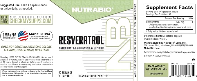 NutraBio 98% Pure Resveratrol Supplement 500mg - Standardized to 490mg Trans Resveratrol Heart Health and Antioxidant Defense - 90 Capsules - 90 Servings