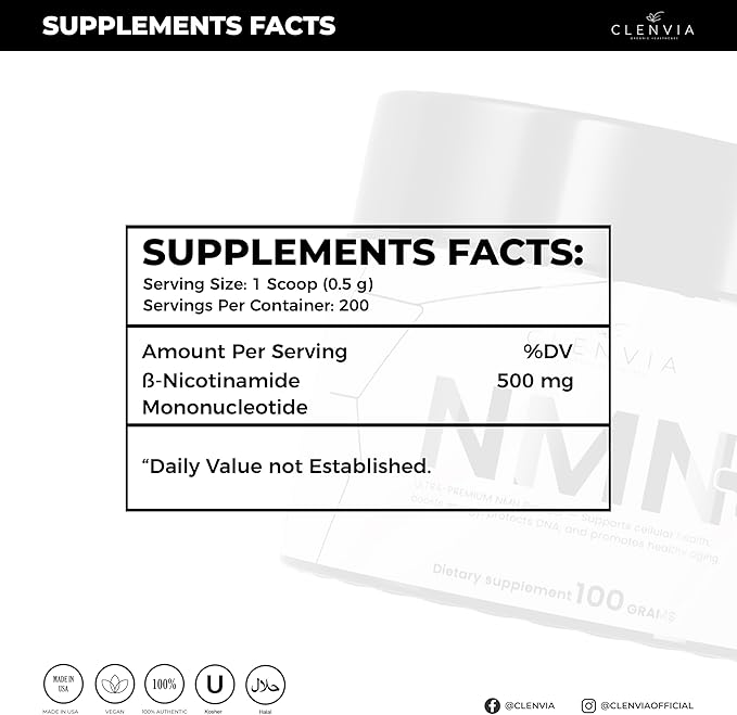 Ultra-Premium NMN Powder – 500mg per Serving – NAD⁺ Support Cellular Energy &amp Healthy Aging – Vegan Non-GMO Lab Tested – 100g (200 Servings) + Stainless Steel Dosing Spoon