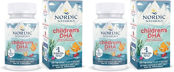 Nordic Naturals Children’s DHA Strawberry - 90 Mini Chewable Soft Gels for Kids - 250 mg Omega-3 with EPA &amp DHA - Brain Development &amp Function - Non-GMO - 22 Servings (Pack of 2)