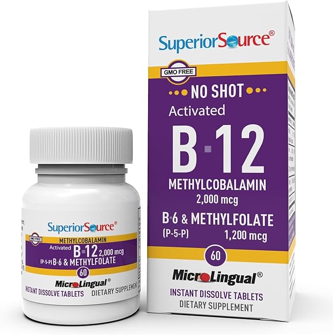 Superior Source No Shot Vitamin B-12 Methylcobalamin 2000 mcg B-6 &amp Methylfolate 1200 mcg - Supports Energy Brain and Heart Health - Bariatric Friendly - 60 Sublingual Dissolving Tablets