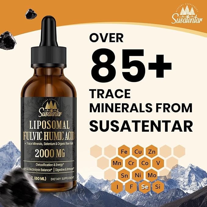 2000 MG Liposomal Fulvic Acid + Humic Acid + Trace Minerals Complex - More Potent Than Shilajit Electrolytes Liquid Supplement with Organic Kale for Energy Digestion Immunity &amp pH Balance 8 Oz