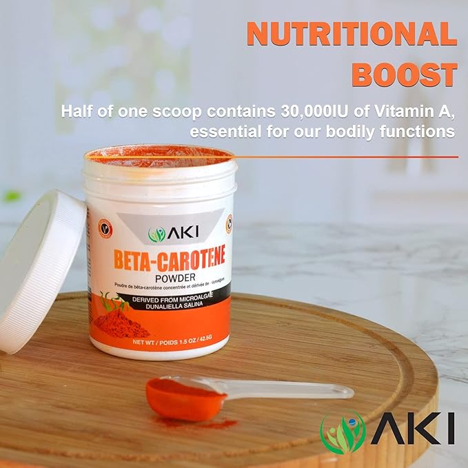 AKI Beta Carotene 10% Powder (1.5oz/42.52g) Highly Concentrated flavouring Fount of Vitamin A May Helps to Support Body Functions Skin Immune System and Eye - GMO Free &amp Vegan Friendly